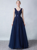 Ballkleider Dunkelmarineblau Ball kleider Satingewebe Hochzeit A-Linie- Abendkleider mit Schleppe V-Ausschnitt ärmellos Formelle Kleider 10cm