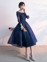 Ballkleider Dunkelmarineblau Ball kleider Spitze Hochzeit A-Linie- Cocktailkleider wadenlang und Rundkragen 3/4 Ärmel Formelle Kleider
