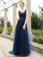 Ballkleider Dunkelmarineblau Ball kleider Tüll Hochzeit A-Linie- Abendkleider mit Tüll mit Court-Schleppe V-Ausschnitt ärmellos Formelle Kleider 30cm