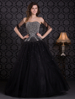 Ballkleider Etui- Ball kleider Schwarz Hochzeit Tüll Prinzessin Kleider ärmellos Formelle Kleider trägerlos mit niedriger Taillenlinie und Schnürung