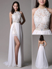Ballkleider Etui- Ball kleider Weiß Hochzeit Spitze Beach Brautkleider ärmellos Formelle Kleider mit Halter und Kapelle-Schleppe