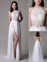 Ballkleider Etui- Ball kleider Weiß Hochzeit Spitze Beach Brautkleider ärmellos Formelle Kleider mit Halter und Kapelle-Schleppe