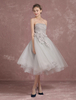 Ballkleider Hellgrau Ball kleider Spitze Hochzeit Prinzessin Abendkleider mit Tüll mit unsymmetrischem Design trägerlos ärmellos Formelle Kleider