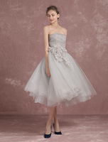 Ballkleider Hellgrau Ball kleider Spitze Hochzeit Prinzessin Abendkleider mit Tüll mit unsymmetrischem Design trägerlos ärmellos Formelle Kleider