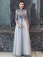 Ballkleider Hellgrau Ball kleider Tüll Hochzeit A-Linie- Abendkleider bodenlang Halskragen 3/4 Ärmel Formelle Kleider mit Reißverschluss