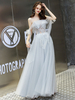 Ballkleider Hellgrau Ball kleider Tüll Hochzeit Prinzessin bodenlang mit Rundkragen 1/2 Ärmel Formelle Kleider und Schnürung und Rüschen