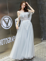 Ballkleider Hellgrau Ball kleider Tüll Hochzeit Prinzessin bodenlang mit Rundkragen 1/2 Ärmel Formelle Kleider und Schnürung und Rüschen