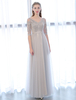 Ballkleider Hellgrau Ball kleider aus mattem Satin Hochzeit A-Linie- bodenlang V-Ausschnitt 1/2 Ärmel Formelle Kleider mit Schnürung