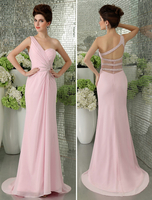 Ballkleider Hellrosa Ball kleider Chiffon Hochzeit Mermaid- Abendkleider Chiffon mit Schleppe Einschulter und Falten Formelle Kleider