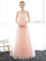 Ballkleider Hellrosa Ball kleider Satingewebe Hochzeit A-Linie- Abendkleider mit Tüll bodenlang mit Rundkragen ärmellos Formelle Kleider