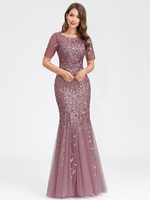 Ballkleider Kamee Rosa Ball kleider Organza Hochzeit Mermaid- Günstige Abendkleider bodenlang mit Rundkragen Kurzarm Formelle Kleider