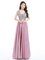 Ballkleider Kamee Rosa Ball kleider Satingewebe Hochzeit A-Linie- bodenlang V-Ausschnitt ärmellos Formelle Kleider mit Perlen-Applikation