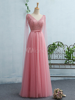 Ballkleider Lachsrosa Ball kleider Spitze Hochzeit A-Linie- Abendkleider mit Tüll bodenlang V-Ausschnitt ärmellos Formelle Kleider mit Schnürung