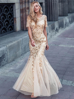 Ballkleider Mermaid- Ball kleider Champagner Hochzeit Organza Günstige Abendkleider Kurzarm Formelle Kleider mit Rundkragen und Reißverschluss