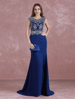 Ballkleider Mermaid- Ball kleider Königsblau Hochzeit Chiffon Abendkleider ärmellos Formelle Kleider mit Rundkragen und Reißverschluss und Schleppe
