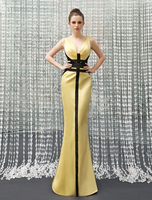 Ballkleider Mermaid- Ball kleider Narzissengelb    Hochzeit Satingewebe Abendkleider ärmellos Formelle Kleider V-Ausschnitt natürliche Taillenlinie