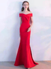 Ballkleider Mermaid- Ball kleider Rot Hochzeit Polyester Abendkleider Kurzarm Formelle Kleider mit Carmenausschnitt und Reißverschluss bodenlang