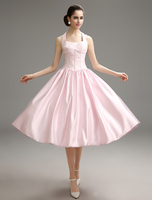 Ballkleider Peach Ball kleider Spitze Hochzeit A-Linie- Cocktailkleider wadenlang mit Halter und Schnürung Formelle Kleider natürliche Taillenlinie