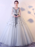 Ballkleider Prinzessin Ball kleider Hellgrau Hochzeit Tüll Prinzessin Kleider ärmellos Formelle Kleider V-Ausschnitt mit Schnürung bodenlang