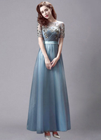 Ballkleider Prom- Ball kleider Tintenblau Hochzeit Tüll Abschlusskleider Kurzarm Formelle Kleider und Rundkragen und Reißverschluss knöchellang