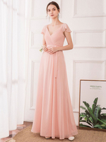 Ballkleider Rosa Ball kleider Chiffon Hochzeit A-Linie- Ballkleider bodenlang V-Ausschnitt ärmellos Formelle Kleider mit Reißverschluss und Gürtel