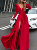Ballkleider Rot Ball kleider Chiffon Hochzeit A-Linie- bodenlang V-Ausschnitt Langarm Formelle Kleider mit Reißverschluss und Falten