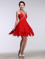 Ballkleider Rot Ball kleider Chiffon Hochzeit A-Linie- Cocktailkleider Mini-Kleid mit Halter ärmellos Formelle Kleider und Reißverschluss