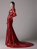 Ballkleider Rot Ball kleider mit Pailletten bestickt Hochzeit Mermaid- Abendkleider und Court-Schleppe und Bateau-Kragen Langarm Formelle Kleider
