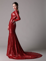 Ballkleider Rot Ball kleider mit Pailletten bestickt Hochzeit Mermaid- Abendkleider und Court-Schleppe und Bateau-Kragen Langarm Formelle Kleider
