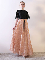 Ballkleider Schwarz Ball kleider Netz Hochzeit A-Linie- Kleider für Hochzeitsgäste bodenlang mit Rundkragen 1/2 Ärmel Formelle Kleider