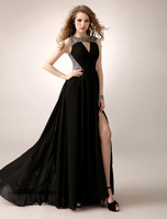 Ballkleider Schwarz Ball kleider Chiffon A-Linie- bodenlang mit Rundkragen ärmellos Formelle Kleider und Reißverschluss natürliche Taillenlinie