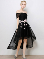 Ballkleider Schwarz Ball kleider Netz Hochzeit A-Linie- mit unsymmetrischem Design und Carmenausschnitt Kurzarm Formelle Kleider und Schnürung