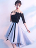 Ballkleider Schwarz Ball kleider Organza A-Linie- mit unsymmetrischem Design und Carmenausschnitt 1/2 Ärmel Formelle Kleider und Schnürung