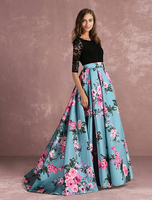 Ballkleider Schwarz Ball kleider Polyester Hochzeit A-Linie- Abendkleider mit Kapelle-Schleppe trägerlos 3/4 Ärmel Formelle Kleider 50cm und Spitzen