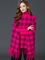 Barack Poncho Pullover Frauen Rosenrot lange Ärmel hoher Kragen gestrickte Oberbekleidung mit Fransen