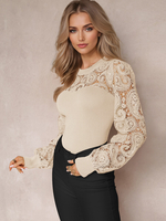 Basic Tees Spitze Laterne Lange Ärmel Jewel Neck Solid Color Frühling Tops Für Frauen 2025