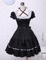 Baumwolle Black Lolita OP Kleid Kurzarm mit Lace Up und White Lace Trim
