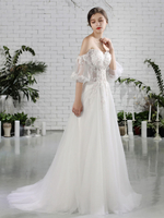 Beach Strand Brautkleid Elfenbein Schulterfrei Brautkleider Halbe Ärmel Blumen Perlen Schatz Ausschnitt Maxi Hochzeitskleid für den Sommer