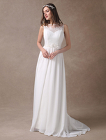 Beach Strand Brautkleider Spitze Chiffon Brautkleid Sommer Sleeveless Backelss Blumen Sash Brautkleider mit Zug