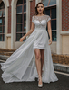Bearbeiten Sie böhmisches Hochzeitskleid mit Zug Kurzarm Juwel Hals Hals Spitze Chiffon lange Unkraut Kleid