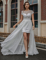 Bearbeiten Sie böhmisches Hochzeitskleid mit Zug Kurzarm Juwel Hals Hals Spitze Chiffon lange Unkraut Kleid