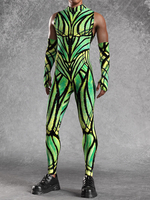 Bedruckter Zentai Halloween Herren Sexy Grün Print Overall Bodysuits Tänzerin Sängerin Bühnenkostüm