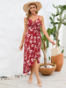 Bedrucktes Kleid mit V-Ausschnitt Spaghettiträgern Faxu-Wickelgürtel Sommer-Midikleider
