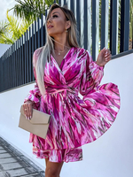 Bedrucktes kurzes Kleid mit Surplice-Ausschnitt Gürtel und Laternenärmeln Minikleider