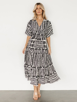 Bedrucktes kurzärmliges langes Boho-Kleid mit V-Ausschnitt für den Sommer 2025