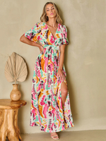 Bedrucktes langes Kleid mit V-Ausschnitt und Seitenschlitz 2025