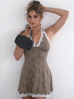 Bedrucktes Neckholder-Kleid mit Spitzenbesatz und V-Ausschnitt Sommer-Minikleid für Damen 2025