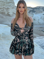 Bedrucktes Skaterkleid mit Neckholder V-Ausschnitt schulterfrei langen Ärmeln sexy ausgestelltes Minikleid für Damen 2025