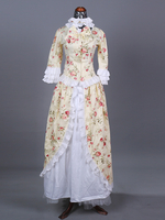 Beige Retro-Kostüme für Damen mit Blumendruck Marie-Antoinette-Kostüm Rüschen Spitze Polyester Set Kleid Retro-Maskenballkleid