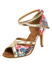 Beliebte 2021 Latein Schuhe aus Satin mit Print in Golden Ländlicher Stil Anpassungsfähige Tanzschuhe
